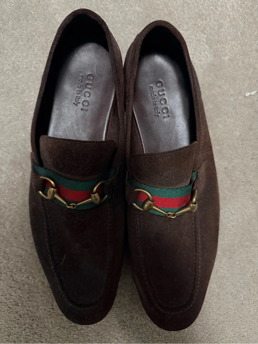 Gucci Brown Suede Loafers with Green-Red Web & Gold Horsebit